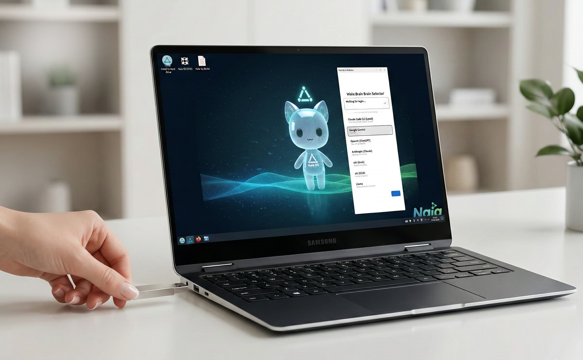 Plugging a USB into a laptop to run Naia OS