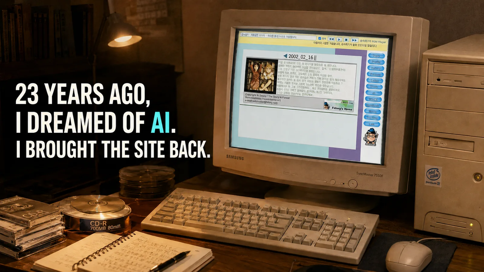 Un viejo monitor CRT mostrando el fstory.net restaurado de 2002. "Hace 23 años, soñé con la IA. Traje el sitio de vuelta."