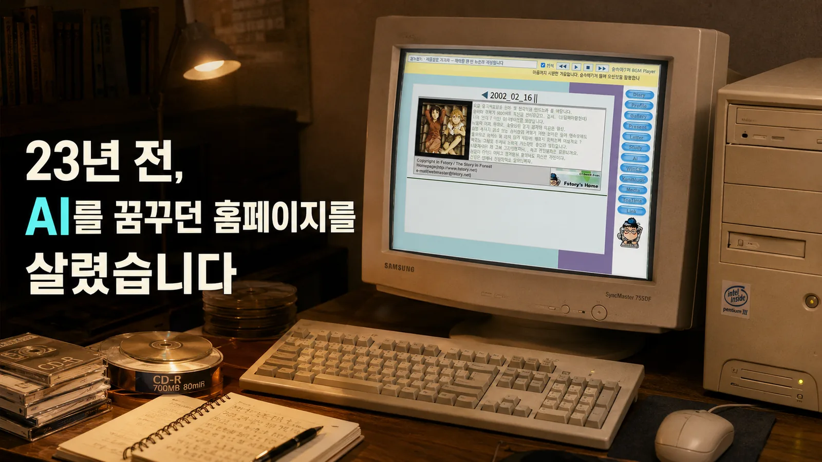 낡은 CRT 모니터에 복원한 2002년 fstory.net 이 떠 있다. "23년 전, AI를 꿈꾸던 홈페이지를 살렸습니다"
